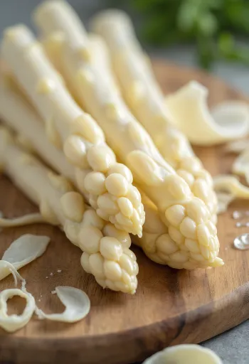 Asperges blanches fraîches disposées élégamment sur un fond en bois rustique