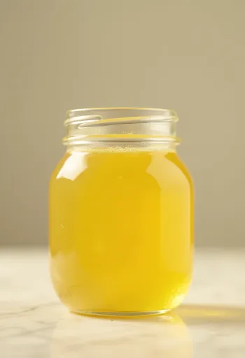 Ghee doré dans un bocal en verre, cuillère en bois, ambiance naturelle