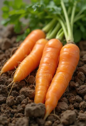 Carottes fraîches avec fanes sur une planche en bois