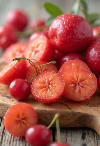 Cerises d'acérola fraîches entières et coupées