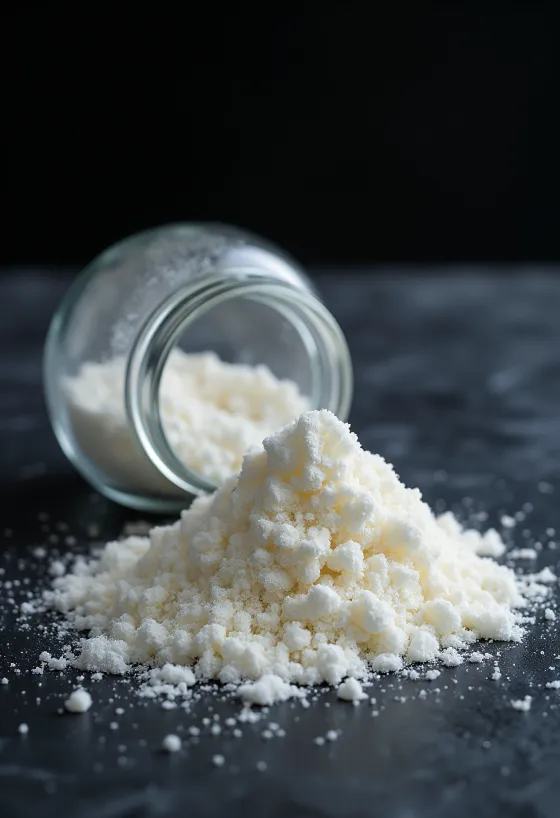 Poudre d'agar-agar blanche dans un bocal et sur une cuillère en bois