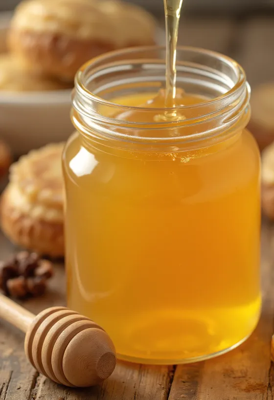 Sirop d'agave en petite bouteille avec cuillère en bois sur fond neutre