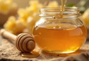 Sirop d'agave en petite bouteille avec cuillère en bois sur fond neutre