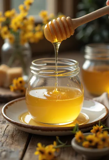 Miel d'acacia liquide dans un bocal avec cuillère à miel et fleurs