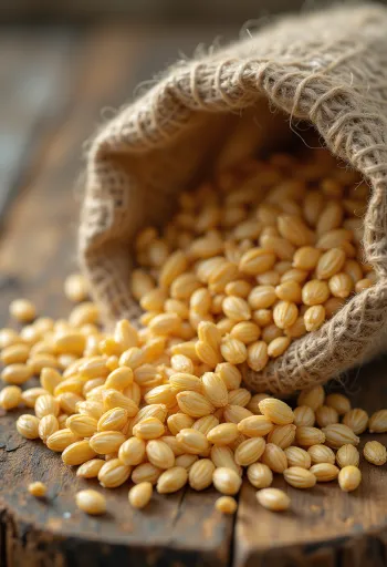 Grains et farine de petit épeautre (engrain) dans une ambiance rustique