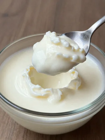 Lait caillé dans un bol en céramique rustique avec une cuillère