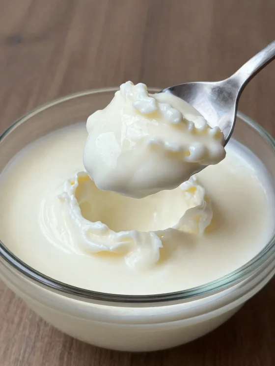 Lait caillé dans un bol en céramique rustique avec une cuillère