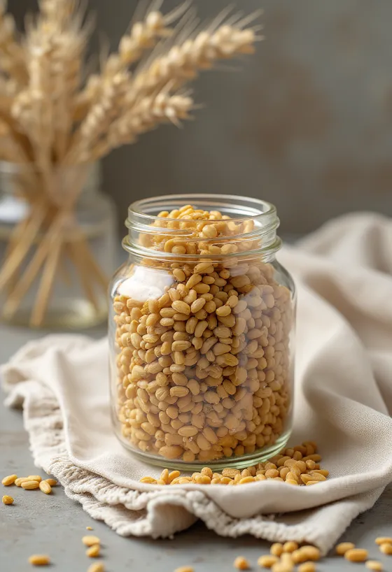 Son d'orge dans un bol céramique et sur bois
