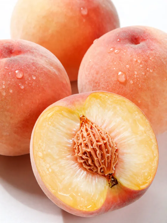 Pêches entières et tranchées sur table en bois, avec verre de jus