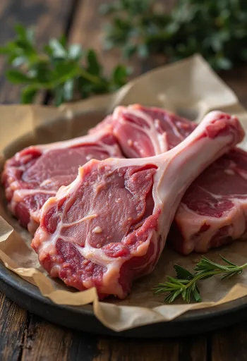 Côtelettes d'agneau crues fraîches sur planche en bois