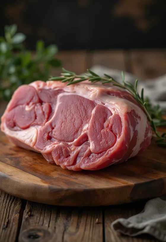 Gigot d'agneau cru désossé sur surface en bois