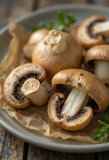 Champignons de Paris bruns émincés sur une planche à découper