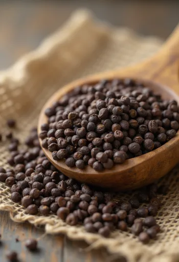 Graines de moutarde brune entières séchées sur une surface en bois