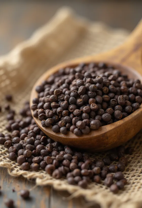 Graines de moutarde brune entières séchées sur une surface en bois