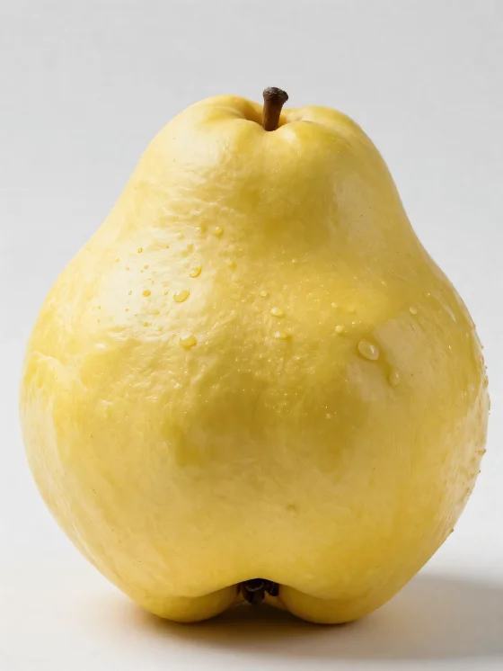 Coings entiers et tranchés sur surface en bois, avec feuilles vertes