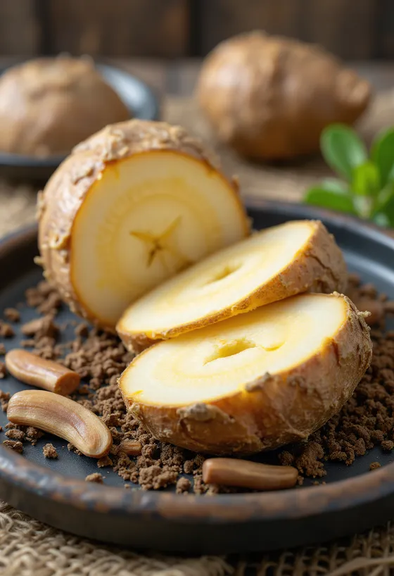 Racine de bardane fraîche entière et tranchée