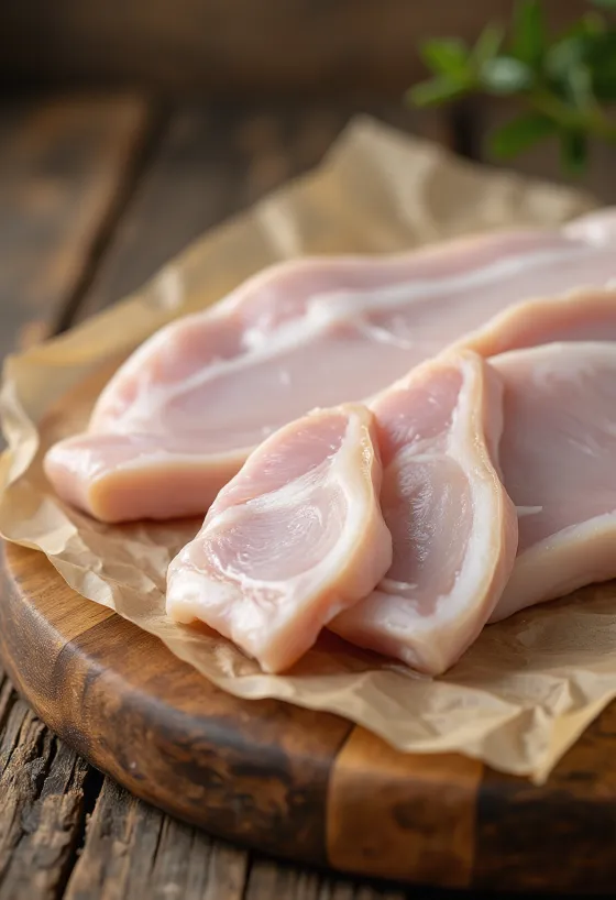 Couenne crue tranchée sur planche en bois, nettoyée et préparée