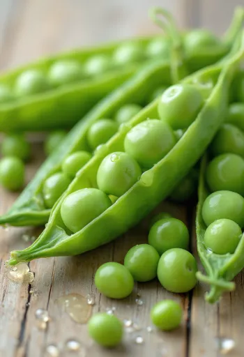 Petits pois frais en gousses et écossés sur table en bois, lumière naturelle