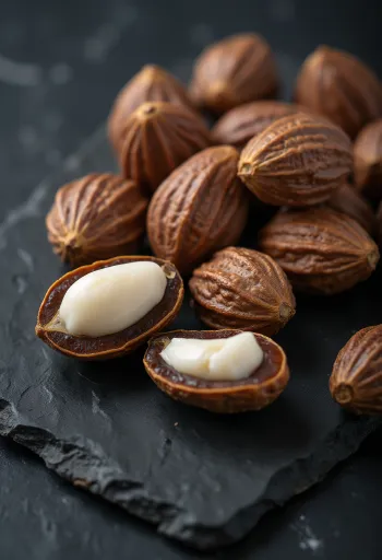 Amandes de noix du Brésil décortiquées dans un bol en bois et dispersées sur surface claire