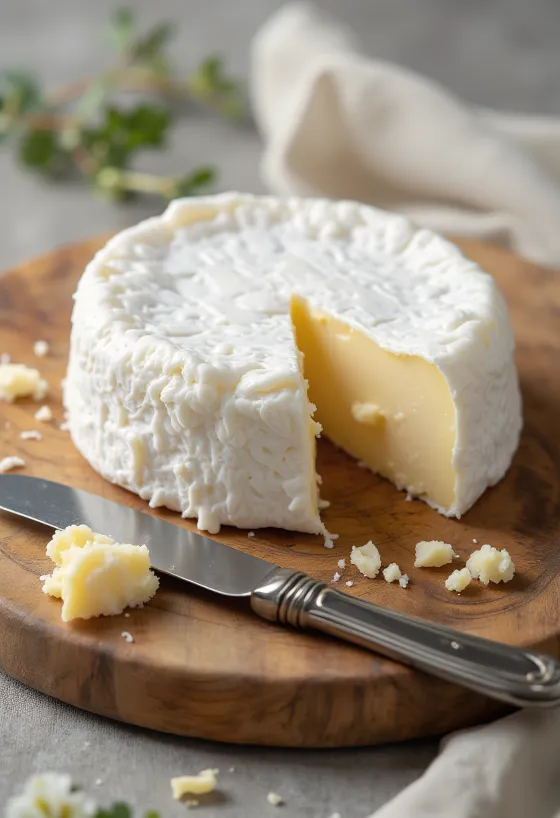 Brie tranché sur planche à découper en bois, intérieur crémeux