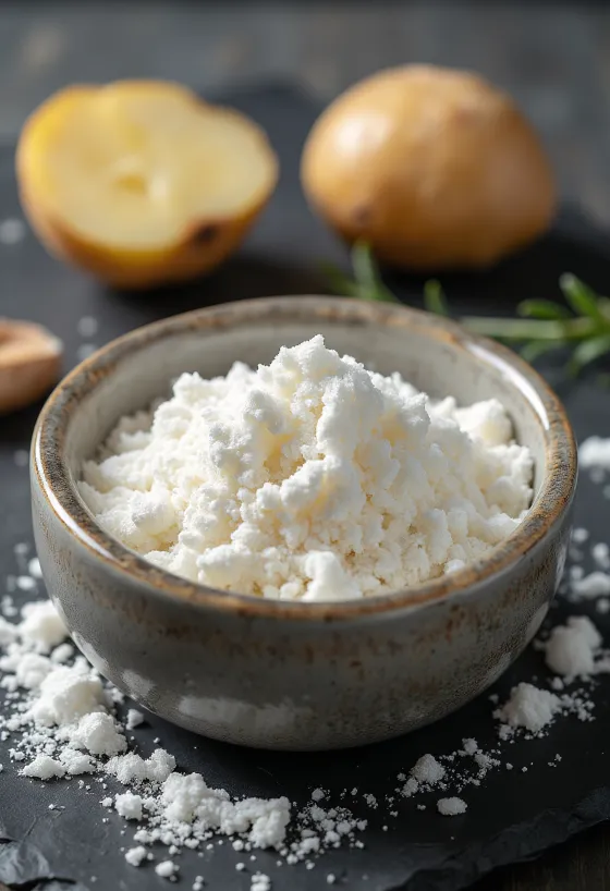 Fécule de pomme de terre en poudre fine blanche dans un bol avec une cuillère