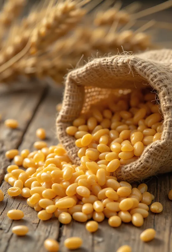 Grains de blé nettoyés dans un sac et dispersés sur surface en bois