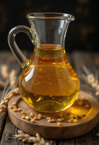 Huile de germe de blé dorée dans un bol avec grains de blé