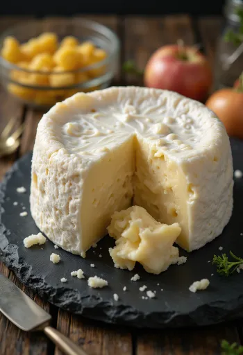 Camembert coupé sur une planche en bois, révélant un cœur crémeux