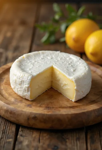 Camembert entier frais dans un bol en céramique, ambiance rustique