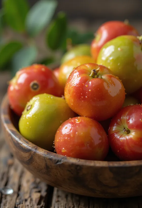 Baies de camu camu fraîches rouges et vertes