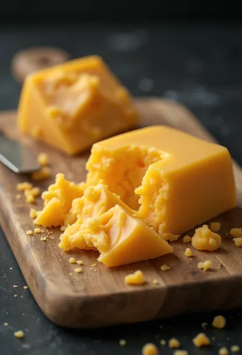 Cheddar en tranches et en cubes sur une planche à découper en bois