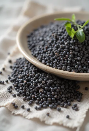 Graines de chia noires éparpillées sur fond blanc, macro