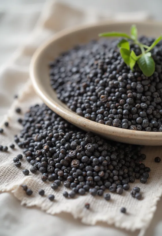 Graines de chia noires éparpillées sur fond blanc, macro