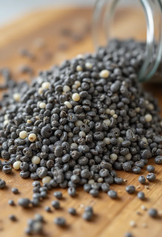 Graines de chia dans un bol en bois et cuillère sur table rustique