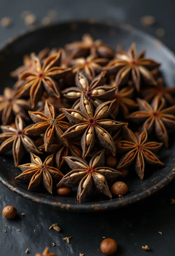 Étoiles de badiane entières séchées sur surface boisée