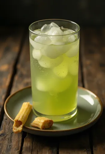 Verre de jus de canne à sucre frais avec morceaux de canne coupés
