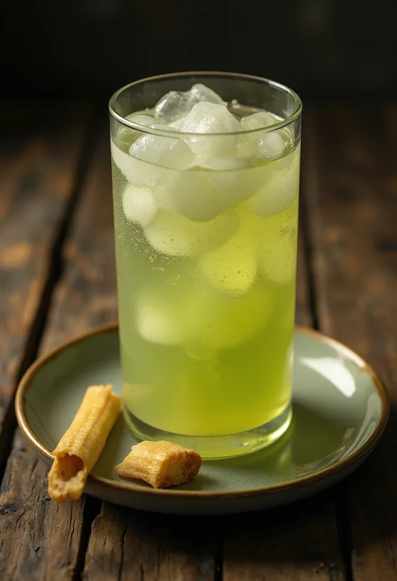 Verre de jus de canne à sucre frais avec morceaux de canne coupés