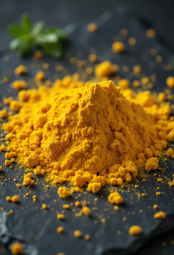 Poudre de curry jaune doré dans un bol et éparpillée sur table