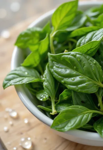 Feuilles de curry fraîches sur bois et ciselées dans un bol
