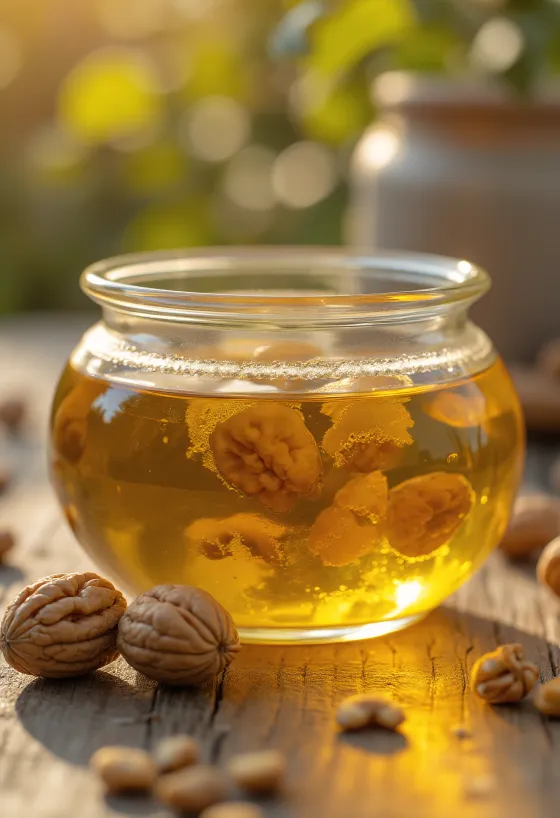 Huile de noix dorée en bouteille avec cerneaux de noix