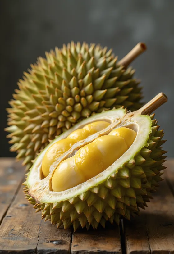 Durian entier épineux et quartiers ouverts montrant la chair crémeuse
