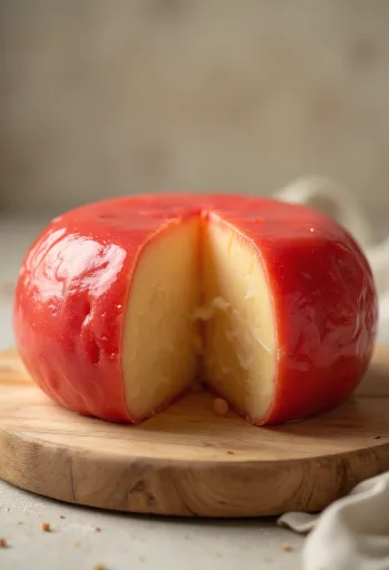 Edam tranché avec sa croûte en cire rouge sur planche