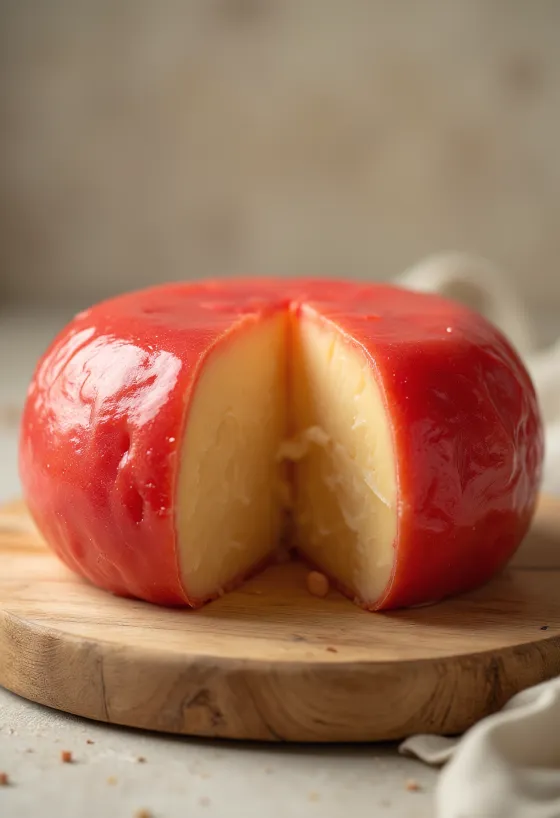Edam tranché avec sa croûte en cire rouge sur planche