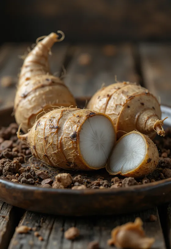 Racines d'Eddoe brutes avec leur peau texturée