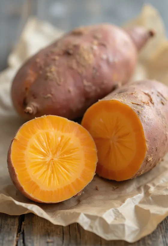 Patate douce entière et coupée sur une planche en bois rustique