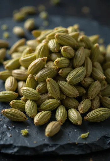 Graines de fenouil entières séchées sur fond bois