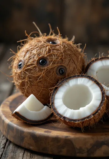 Noix de coco entière et ouverte montrant la chair blanche