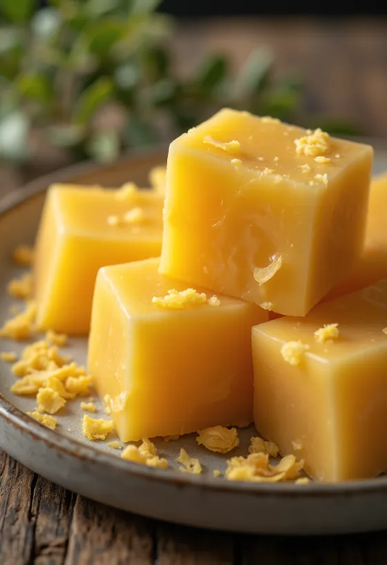 Cire d'abeille alimentaire en bloc et pépites sur bois