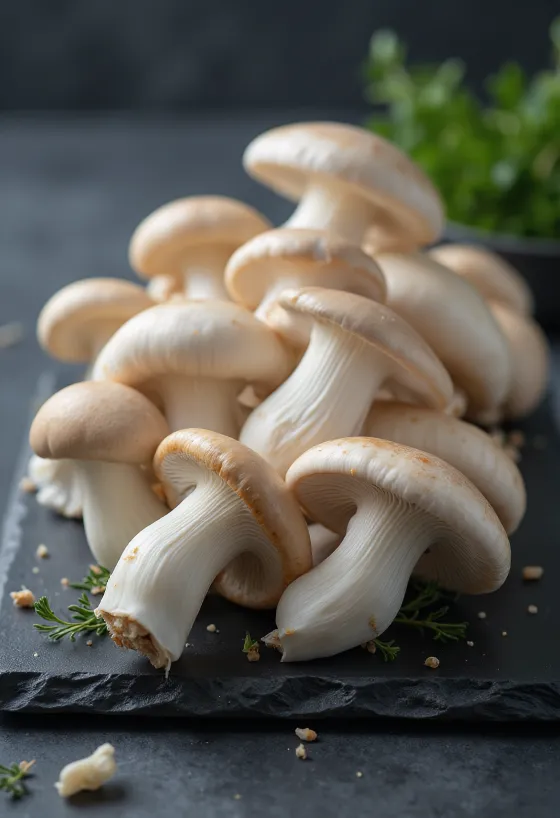 Champignons Eryngii frais entiers et coupés sur une planche