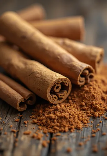 Cannelle en poudre et en bâtons sur surface en bois